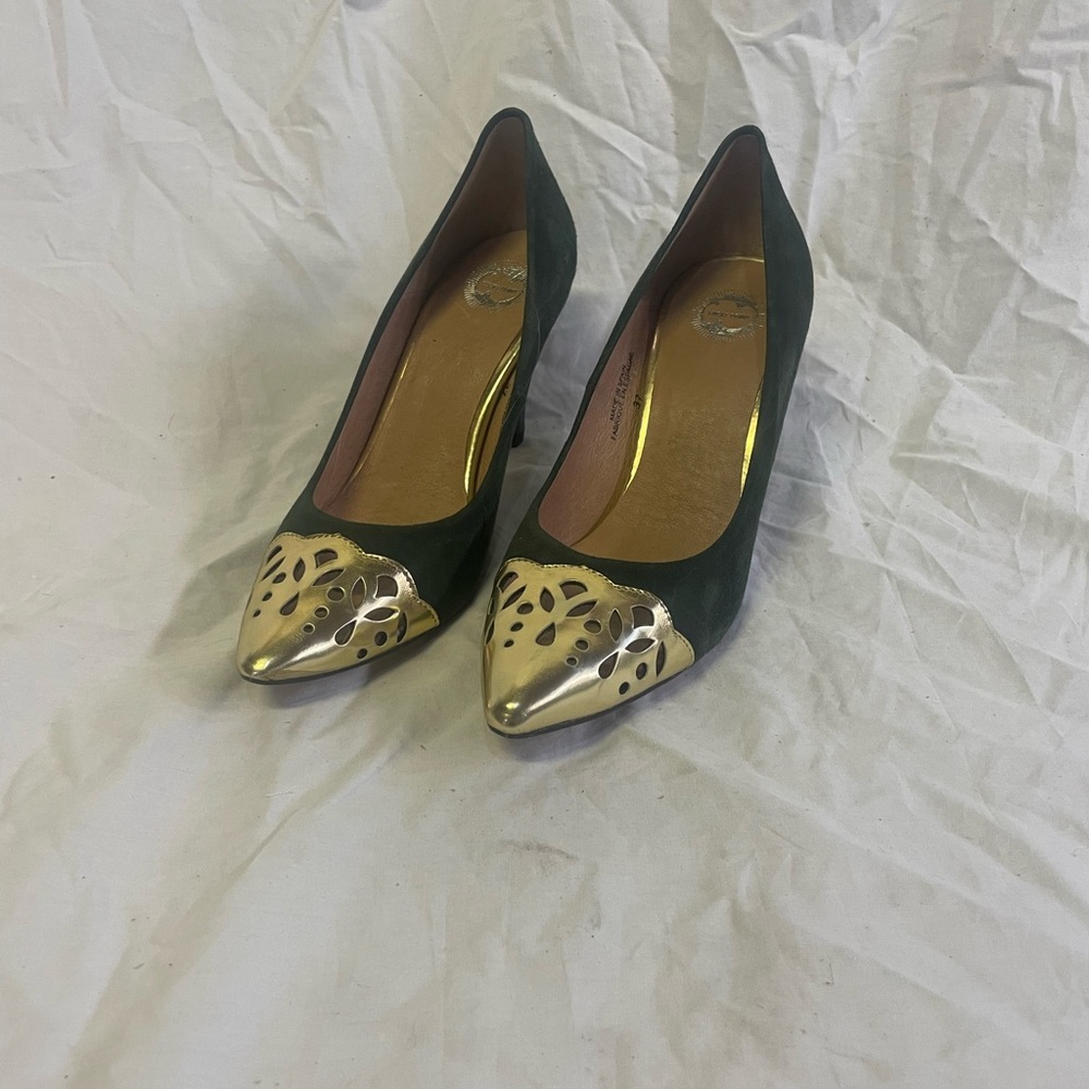 Anthropologie nwt lucky penny heels green and gold size 37